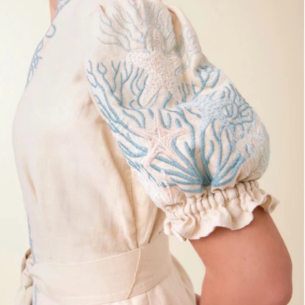 Spartina 449 | Cream Linen Dress with Blue Tassel Belt - Picture 5 of 7